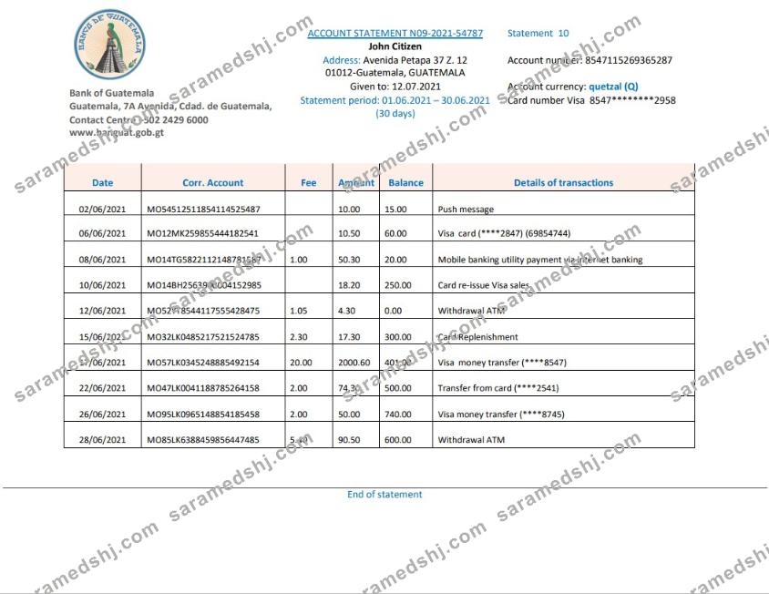 Guatemala Banco de Guatemala bank statement